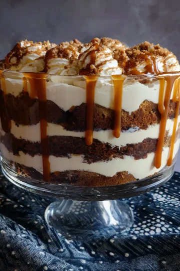 Delicious gingerbread trifle recipe layered in a clear glass bowl with creamy filling and a rich caramel drizzle.