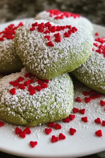 A close-up of a vibrant green Grinch Christmas cookie recipe, dusted with powdered sugar and festive red heart sprinkles on a white plate.