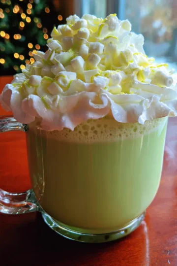 A vibrant green Grinch hot chocolate recipe topped with whipped cream, mini marshmallows, and a lime green drizzle, in a clear mug against a festive Christmas background.