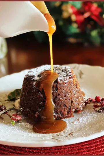 A festive plum pudding generously topped with a rich hard sauce, garnished with berries for a delightful holiday recipe.