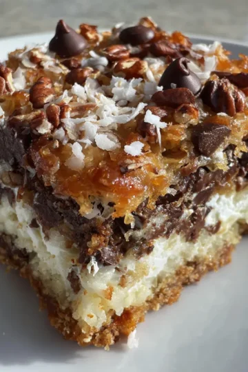 Close-up of a delicious, multi-layered hello dolly recipe bar with a golden crust, creamy center, chocolate, coconut, and pecans on a white plate.