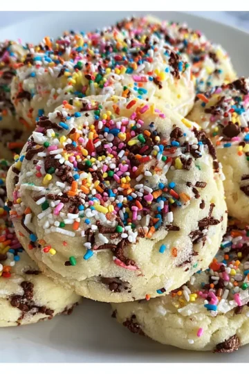 A delicious stack of colorful, sprinkle-covered homemade icebox cookies with chocolate pieces on a white plate, made from a classic icebox cookie recipe.