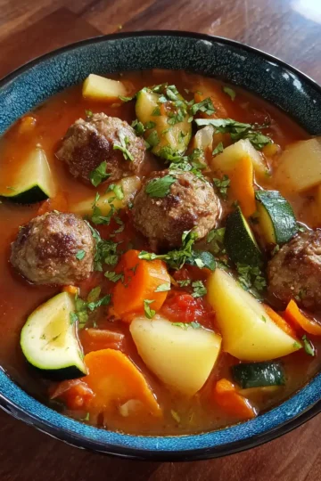 Appetizing bowl of albondigas soup recipe with meatballs, potatoes, carrots, and zucchini, garnished with fresh herbs on a wooden table.