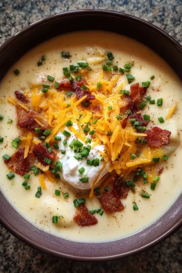 A hearty bowl of baked potato soup recipe, loaded with cheddar cheese, crispy bacon, sour cream, and fresh chives, viewed from above.