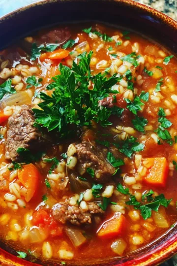 A steaming, close-up view of a hearty beef barley soup, rich with tender beef, plump barley, and fresh vegetables, ready to inspire your next beef barley soup recipe.