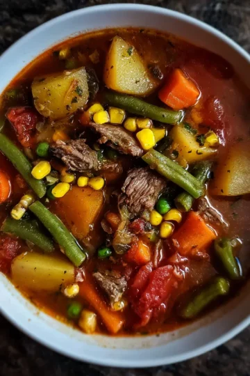 Hearty bowl of homemade beef vegetable soup recipe with tender beef, potatoes, carrots, and green beans.