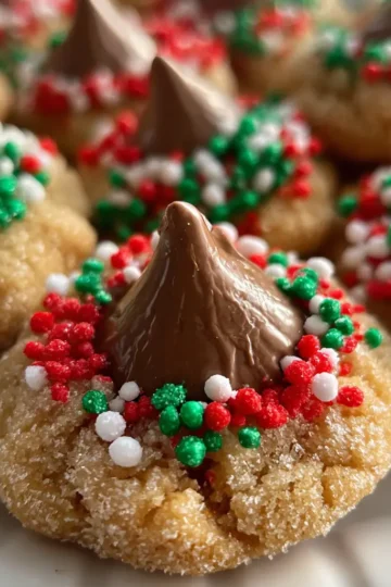 Close-up of a festive christmas peanut butter blossoms recipe cookie with red, green, and white sprinkles.