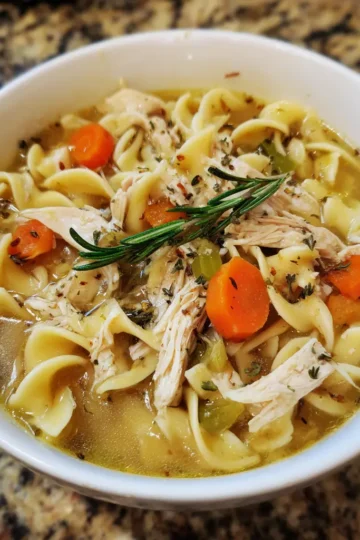 Close-up of a comforting bowl showcasing the best chicken noodle soup recipe, garnished with fresh rosemary.