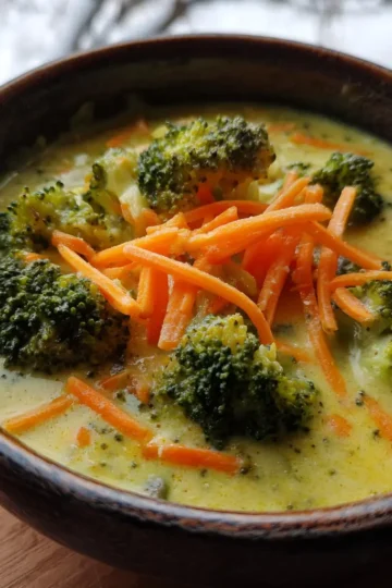 Close-up of a creamy broccoli cheddar soup recipe with vibrant green broccoli florets and shredded carrots.