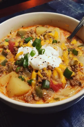 A close-up of a hearty bowl of creamy cheeseburger soup recipe, garnished with sour cream and green onions.