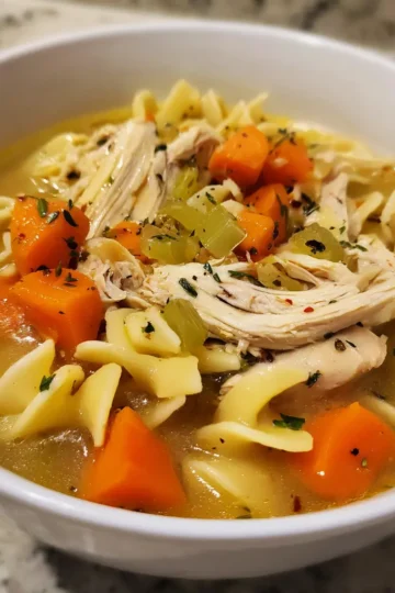 A close-up of a steaming, inviting bowl of chicken noodle soup, highlighting the tender chicken, noodles, and vegetables in a rich broth, ideal for a delicious chicken noodle soup recipe.