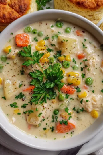 Creamy chicken pot pie soup recipe served in a white bowl with golden biscuits.