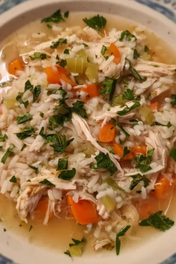 Close-up of a steaming bowl of homemade chicken rice soup, garnished with fresh parsley, perfect for a comforting chicken rice soup recipe.