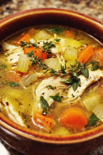 Close-up of a warm, homemade chicken soup recipe with carrots, celery, and thyme in a rustic ceramic bowl.
