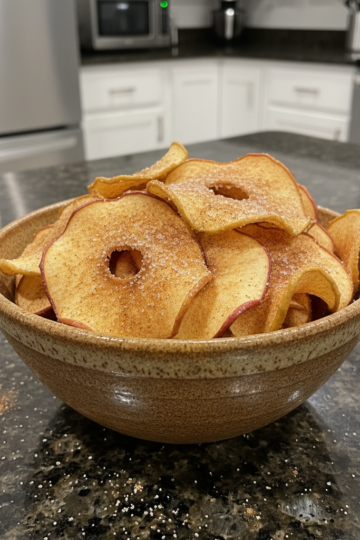 Golden-brown, perfectly crisp air fryer apple chips artfully arranged on a rustic wooden board, ready for a healthy snack.