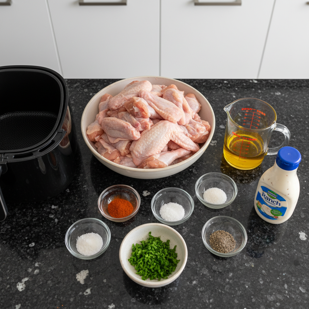 air-fryer-chicken-wings-ingredients Fresh raw chicken wings, various spices, and oil laid out for Air Fryer Chicken Wings.