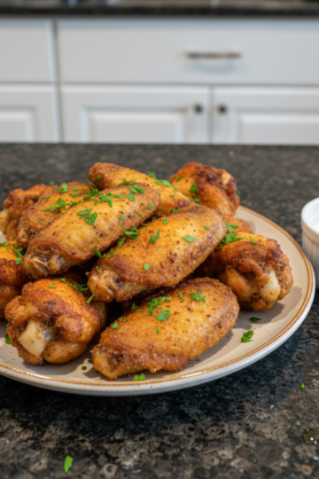 Crispy golden Air Fryer Chicken Wings piled high on a platter with fresh parsley garnish.