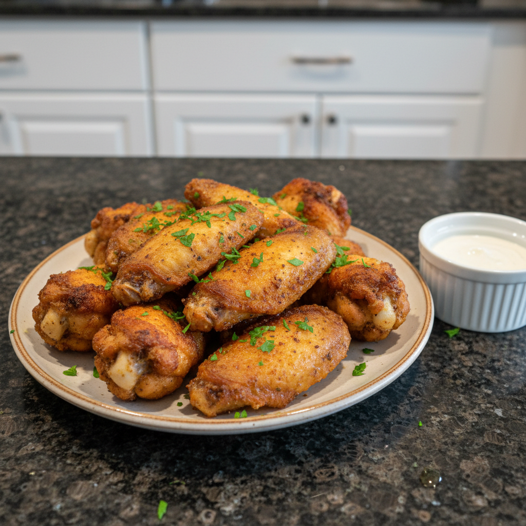 Crispy golden Air Fryer Chicken Wings piled high on a platter with fresh parsley garnish.