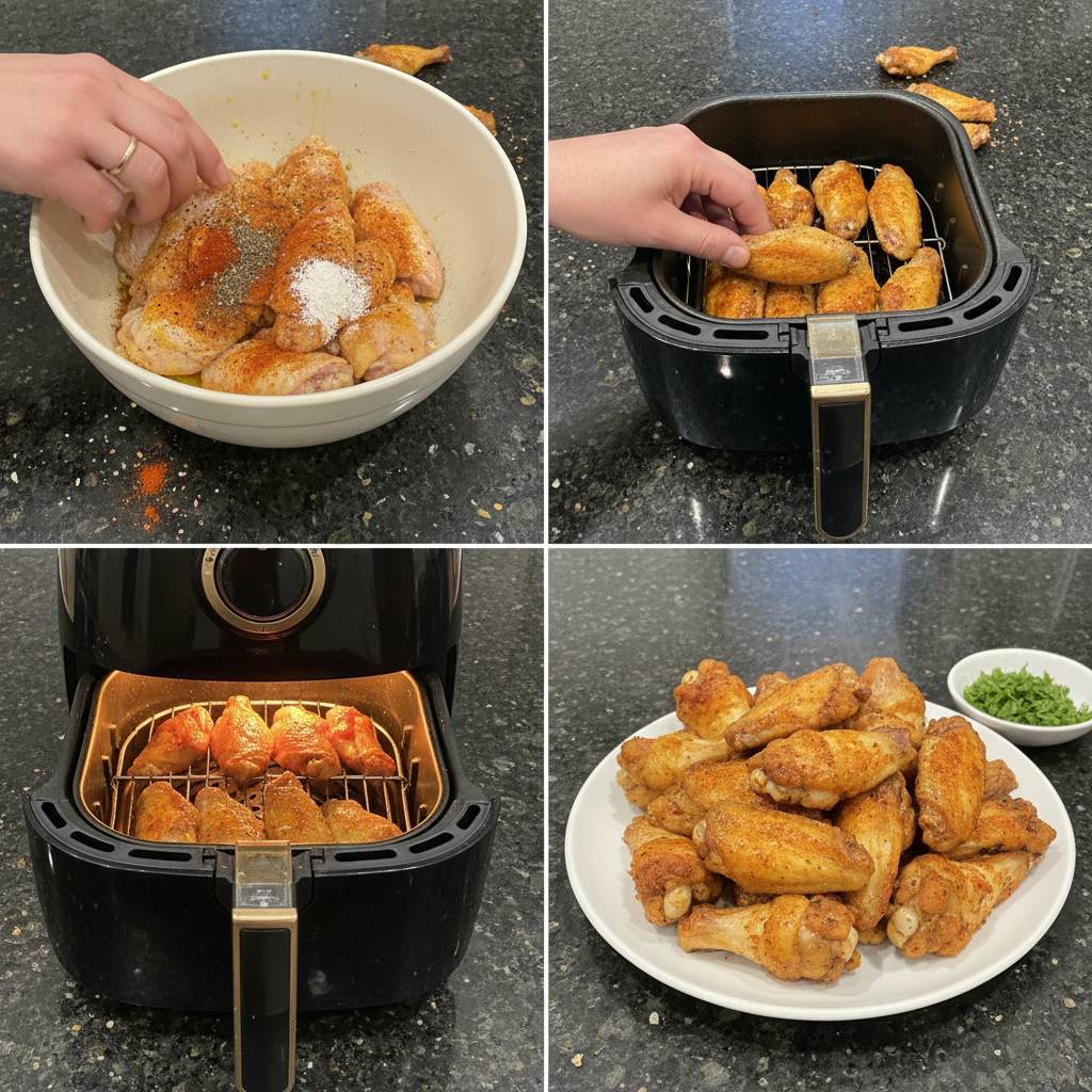 air-fryer-chicken-wings-preparation Raw chicken wings being tossed with a savory spice blend in a bowl before air frying.