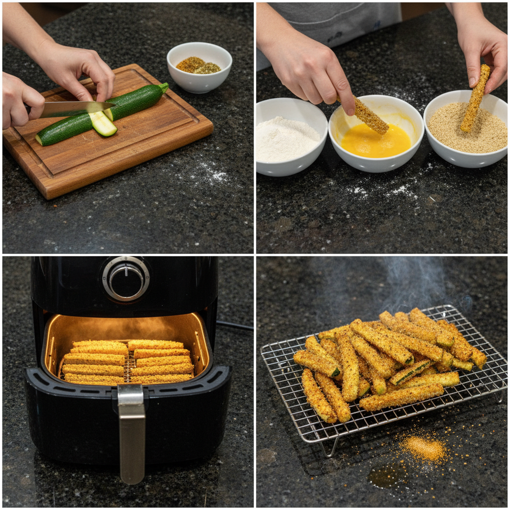 air-fryer-zucchini-fries-coating-prep Sliced zucchini sticks being coated with seasoned breadcrumbs for Air Fryer Zucchini Fries.