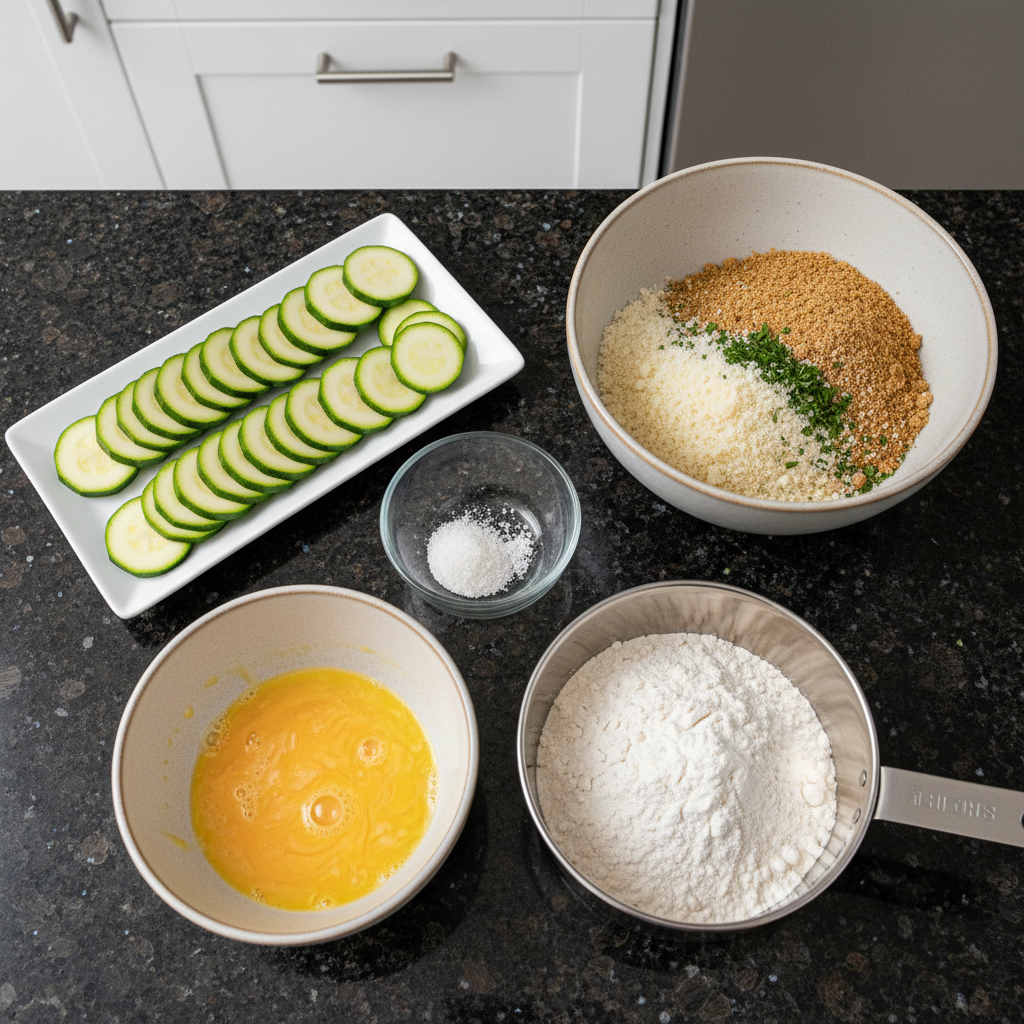air-fryer-zucchini-fries-ingredients-flat-lay Fresh zucchini, breading ingredients, and spices laid out for Air Fryer Zucchini Fries preparation.