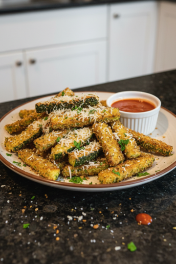 Golden, crispy Air Fryer Zucchini Fries piled high in a rustic bowl, ready for dipping.