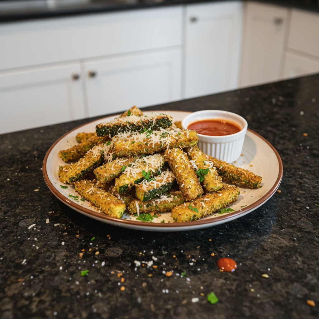 Golden, crispy Air Fryer Zucchini Fries piled high in a rustic bowl, ready for dipping.