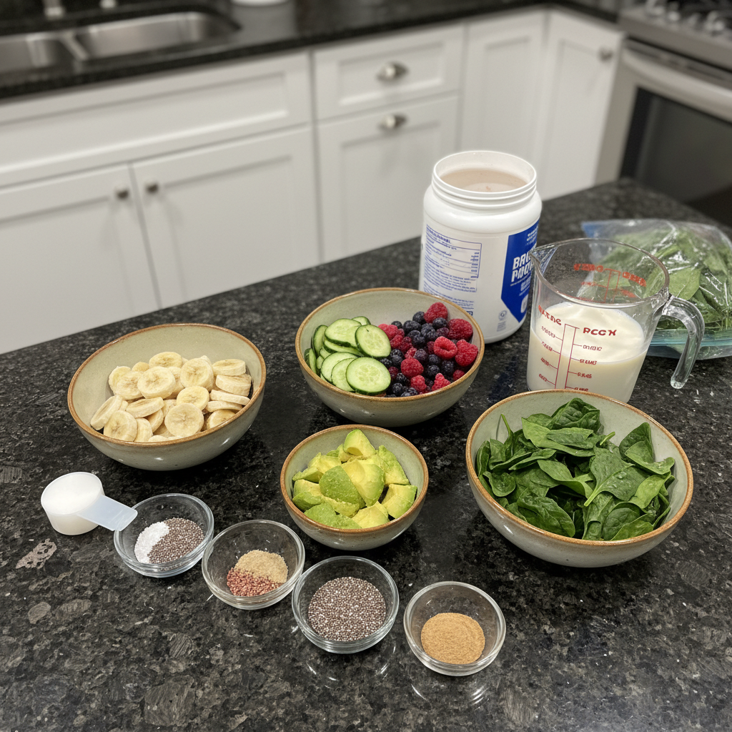 avocado-banana-smoothie-ingredients Fresh ingredients for an avocado banana smoothie, including ripe avocado halves, yellow bananas, milk, and honey, laid out.