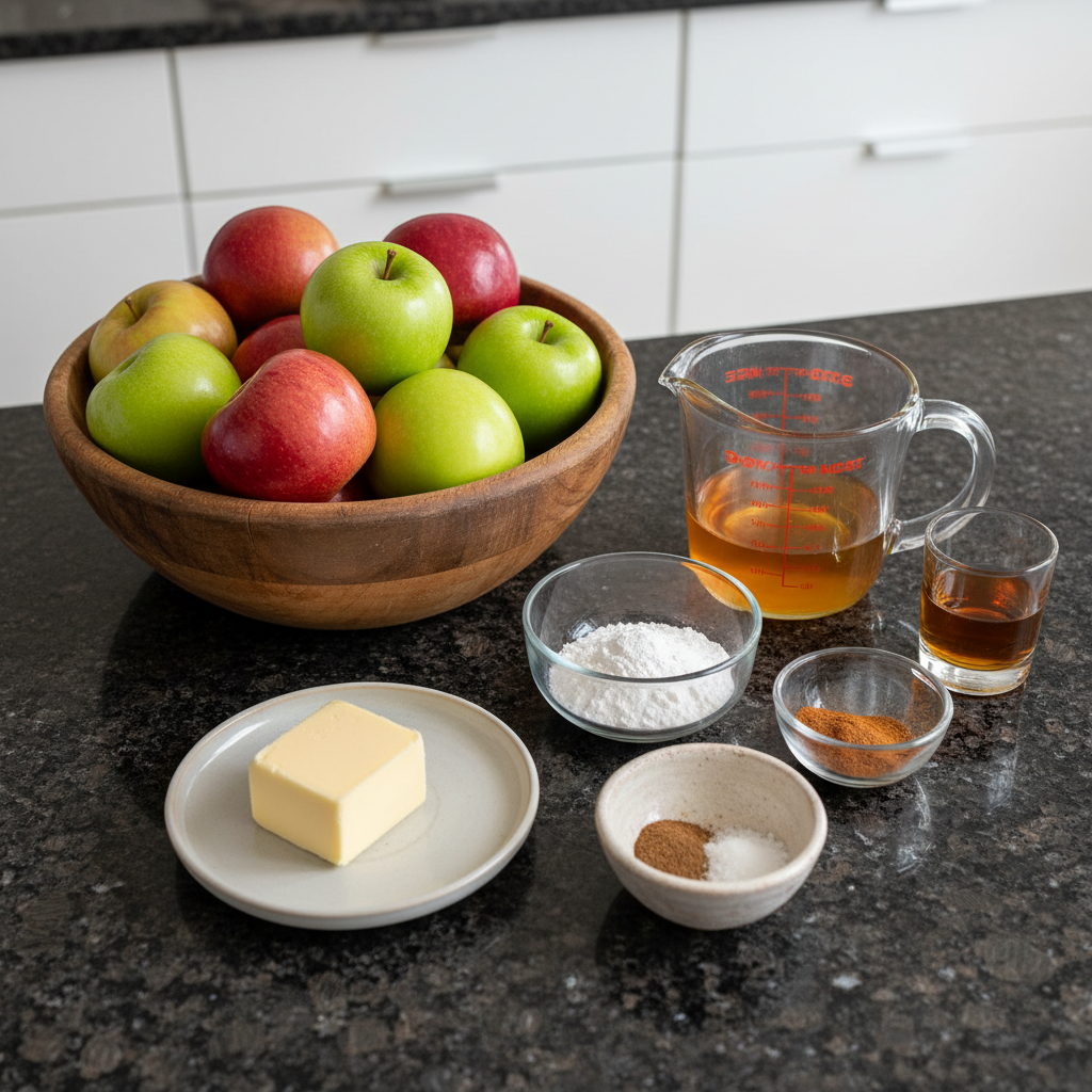 baked-apple-slices-ingredients Fresh apples, brown sugar, cinnamon, and butter laid out as ingredients for baked apple slices.