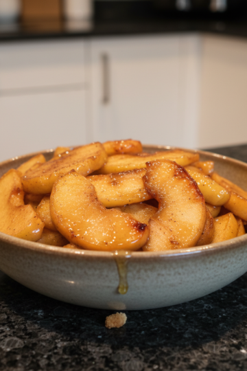 Warm, cinnamon-spiced baked apple slices in a rustic bowl, garnished and ready to be served.
