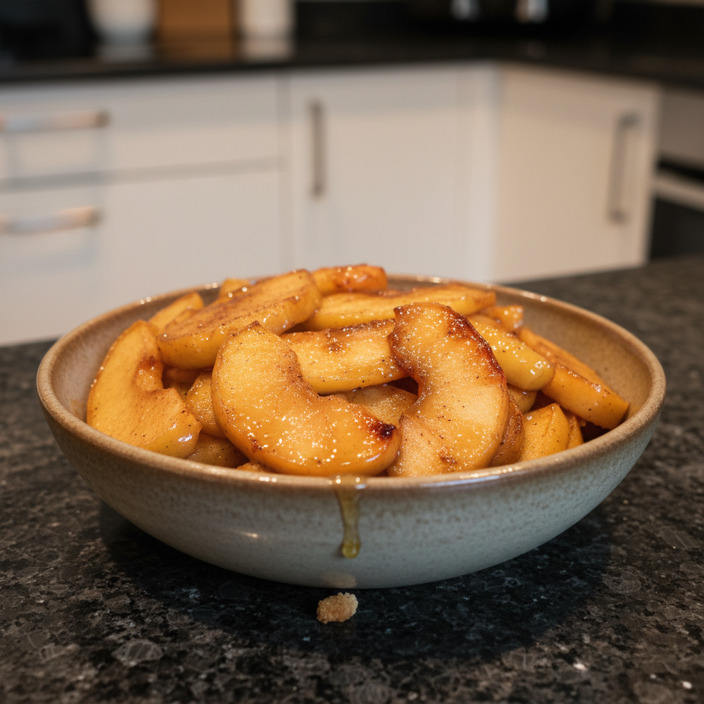 Warm, cinnamon-spiced baked apple slices in a rustic bowl, garnished and ready to be served.