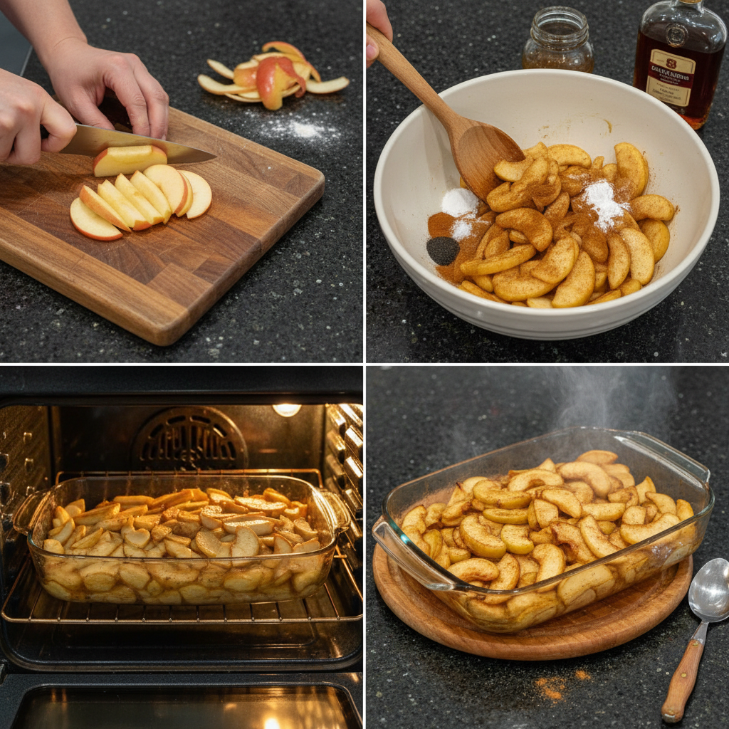 baked-apple-slices-prep-step Hands gently tossing freshly sliced apples with cinnamon and brown sugar in a bowl for baked apple slices.