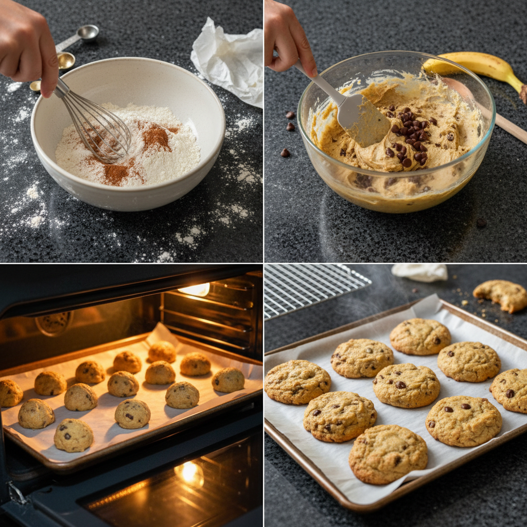 banana-bread-cookies-dough-scooping Cookie dough being scooped onto a baking sheet, preparing to bake delicious Banana Bread Cookies.