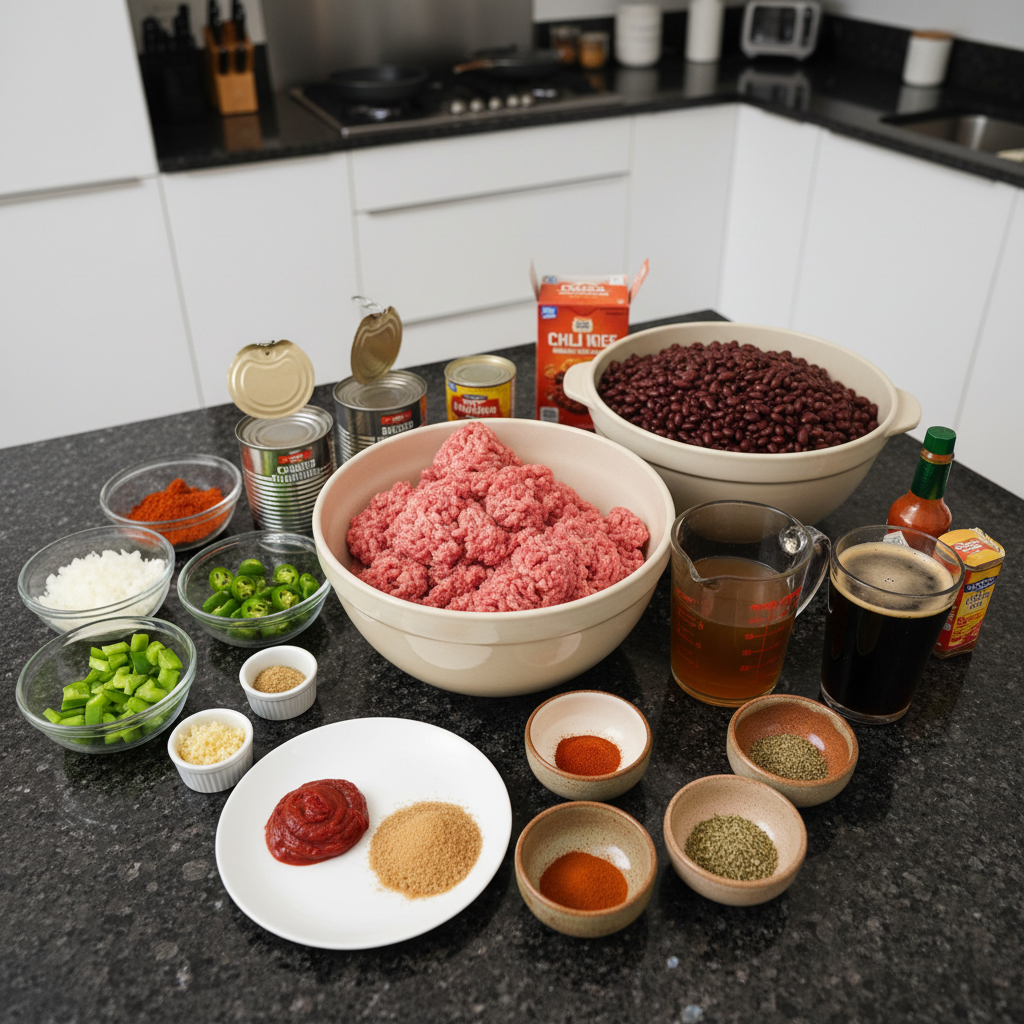 beef-chili-recipe-ingredients Fresh ingredients for a beef chili recipe, including ground beef, diced tomatoes, kidney beans, onions, peppers, and various spices, laid out on a kitchen counter.