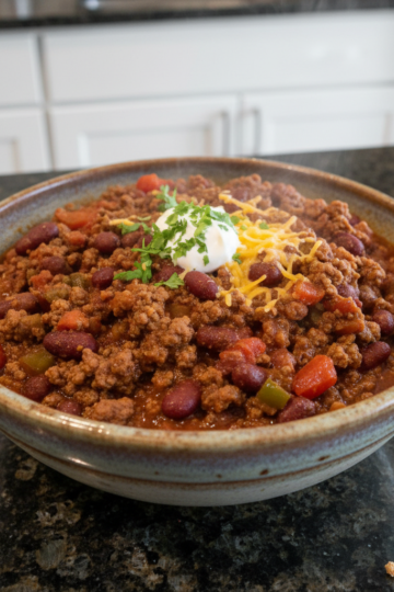 A hearty bowl of rich beef chili recipe, garnished with shredded cheddar cheese and fresh green onions on a rustic wooden table.