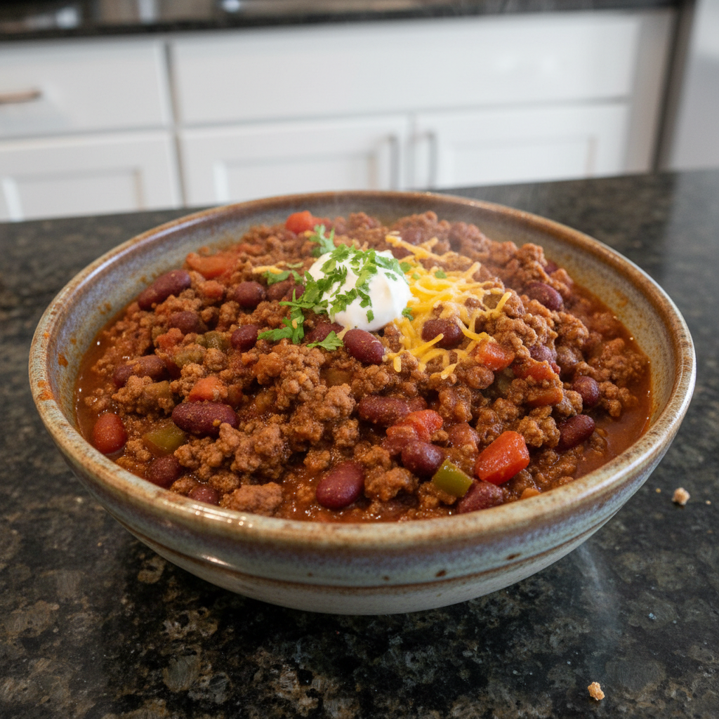 A hearty bowl of rich beef chili recipe, garnished with shredded cheddar cheese and fresh green onions on a rustic wooden table.