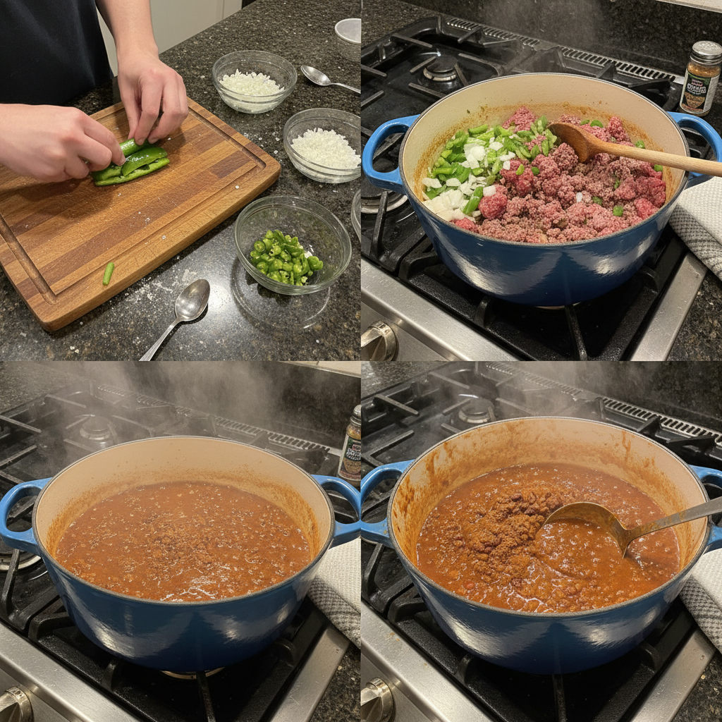 beef-chili-recipe-prep-cooking Ground beef browning in a large Dutch oven with chopped onions and peppers, an initial step in making a beef chili recipe.