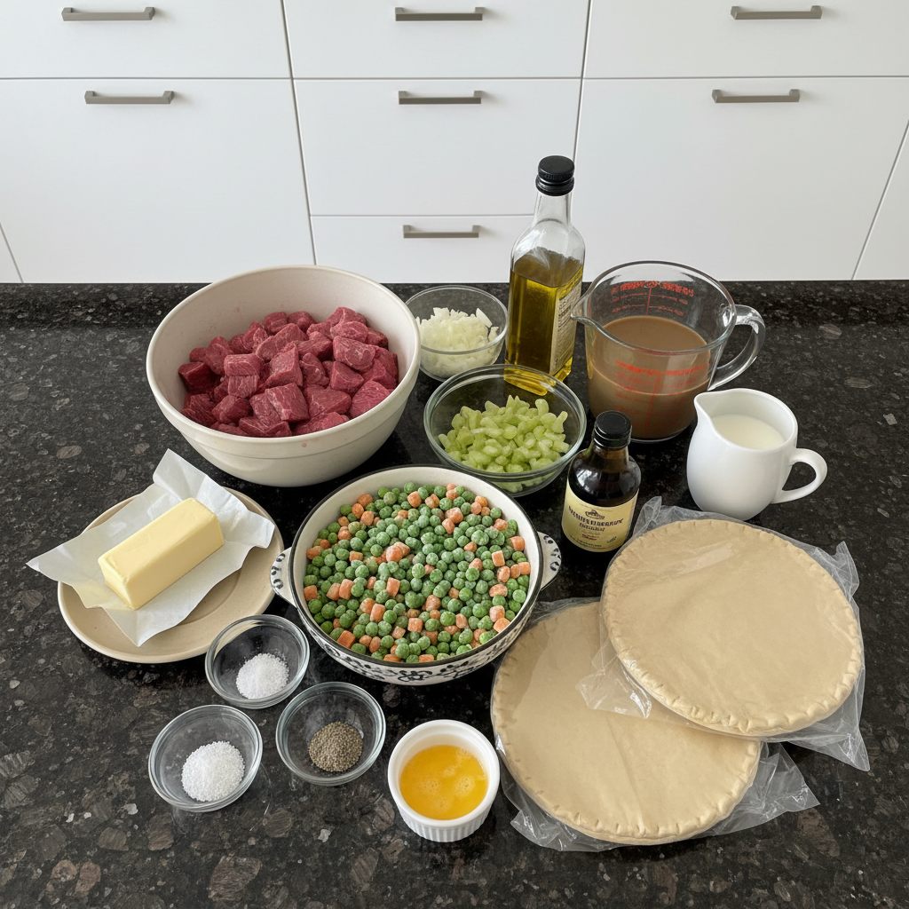 beef-pot-pie-ingredients Fresh raw ingredients for beef pot pie laid out on a wooden board, including diced beef, vegetables, and pie crust.