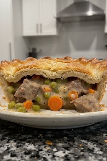 A golden-crusted beef pot pie, freshly baked and steaming, with a flaky pastry top, ready to be served.