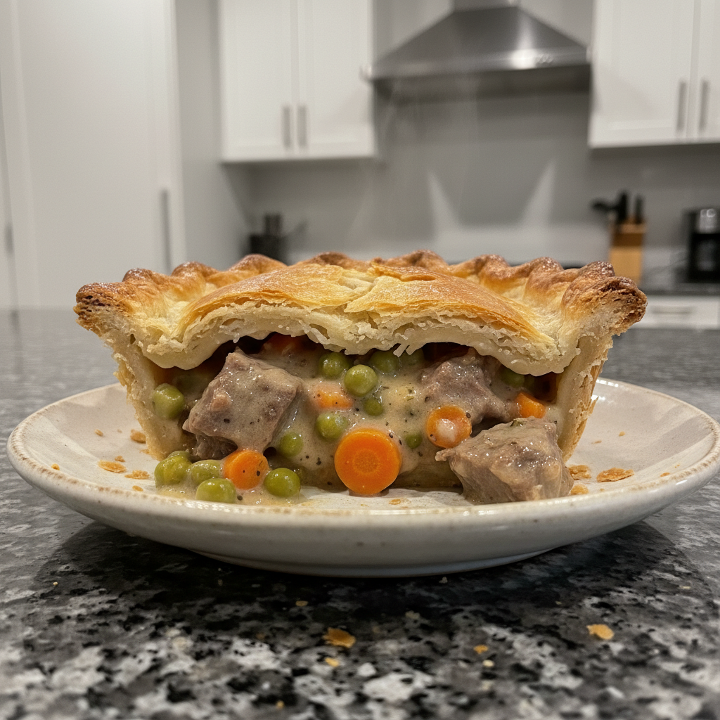 A golden-crusted beef pot pie, freshly baked and steaming, with a flaky pastry top, ready to be served.