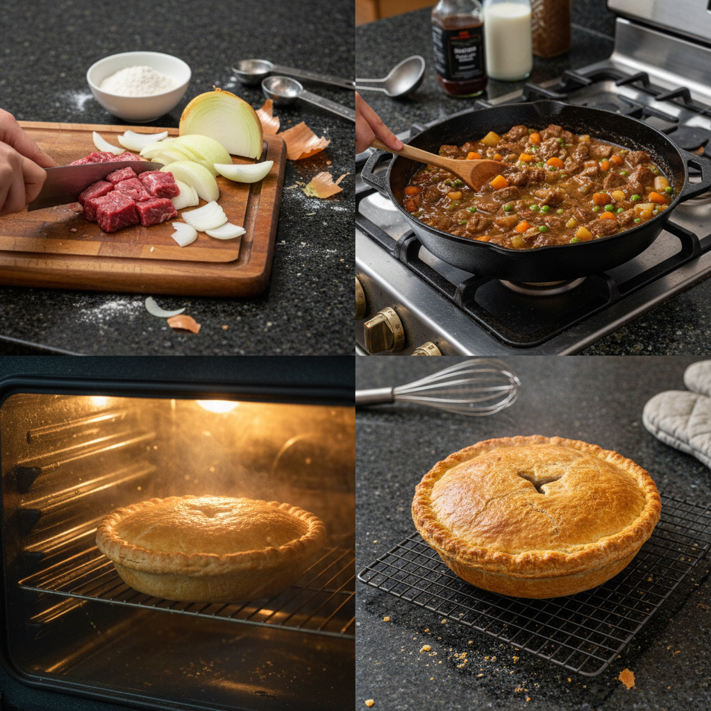 beef-pot-pie-preparation Hands placing a golden, flaky pastry crust over a dish filled with hearty beef pot pie filling, ready for baking.