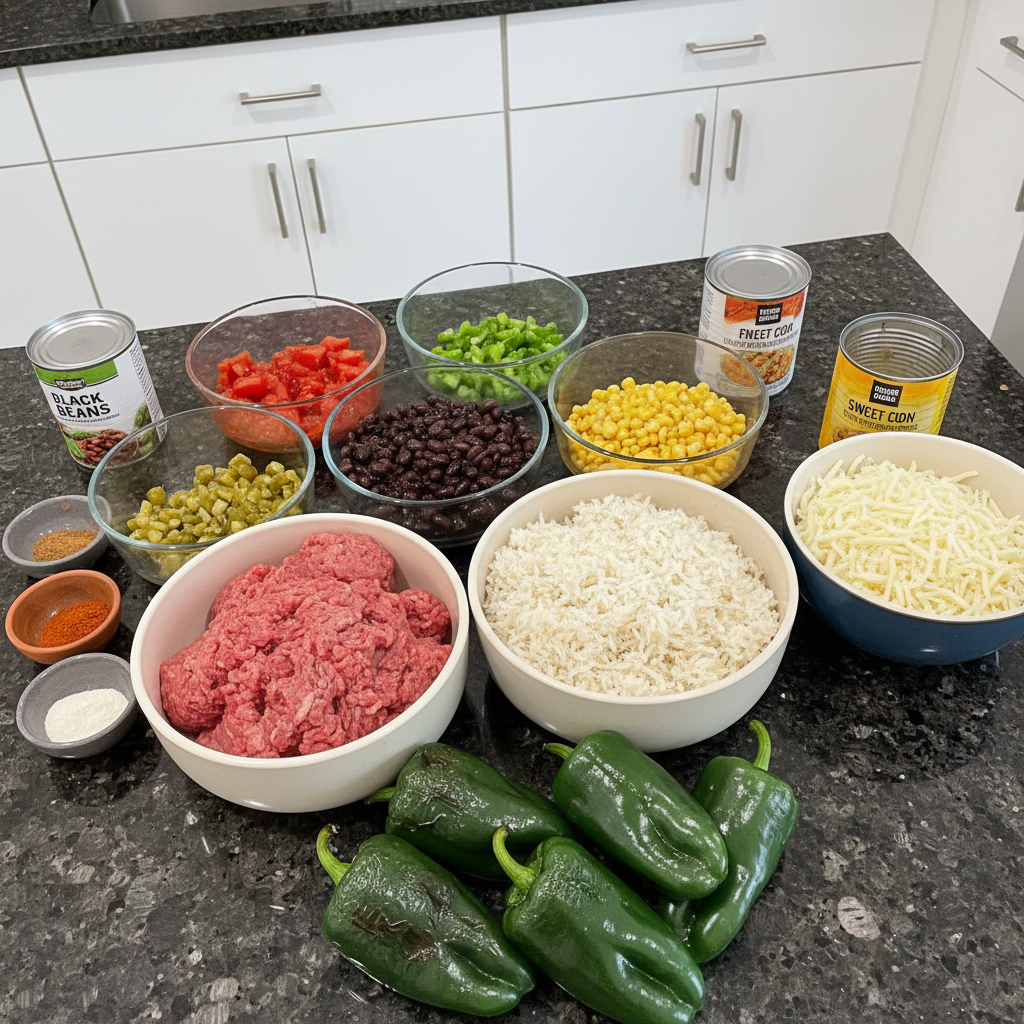 beef-rice-stuffed-poblano-peppers-ingredients Fresh ingredients for Beef & Rice Stuffed Poblano Peppers, including raw poblano peppers, ground beef, rice, and spices.
