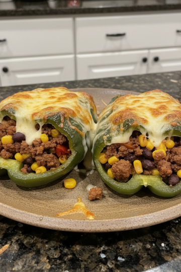 Close-up of golden-brown Beef & Rice Stuffed Poblano Peppers, garnished with fresh cilantro on a white plate.
