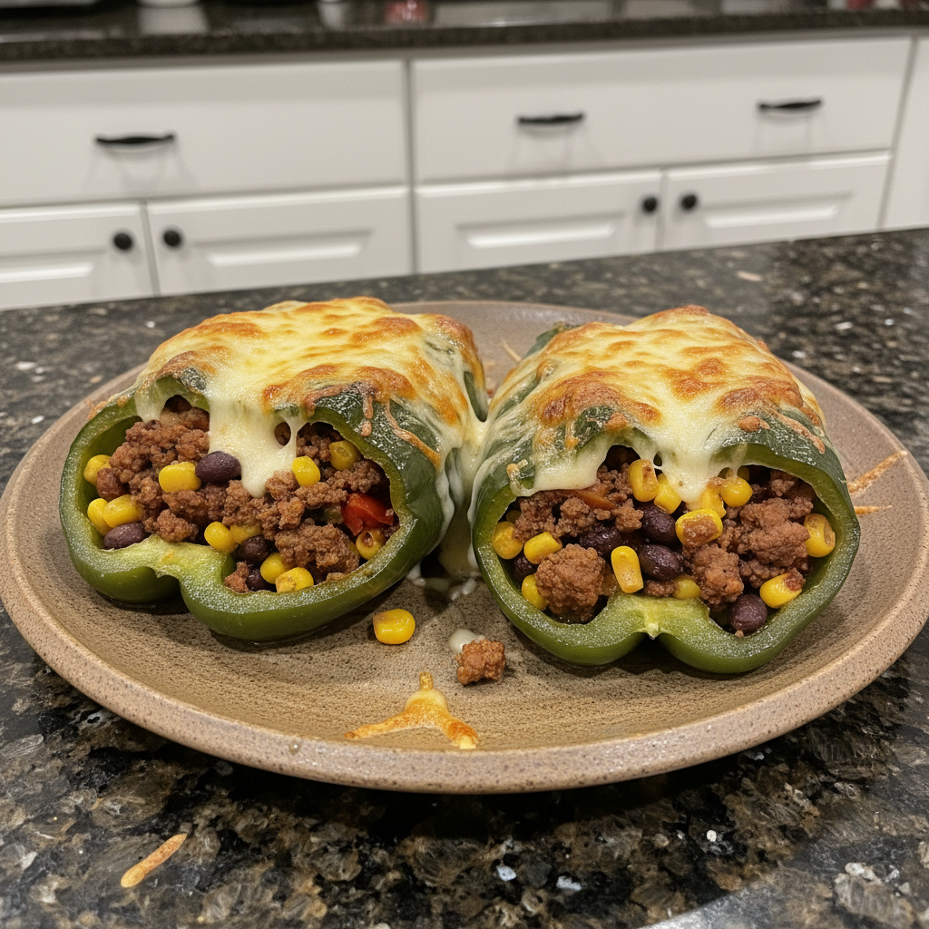 Close-up of golden-brown Beef & Rice Stuffed Poblano Peppers, garnished with fresh cilantro on a white plate.