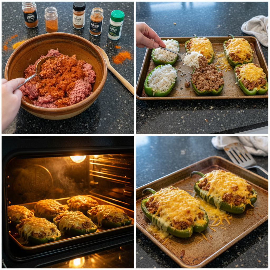 beef-rice-stuffed-poblano-peppers-preparation Hands filling halved poblano peppers with the savory beef and rice mixture for Beef & Rice Stuffed Poblano Peppers on a baking sheet.