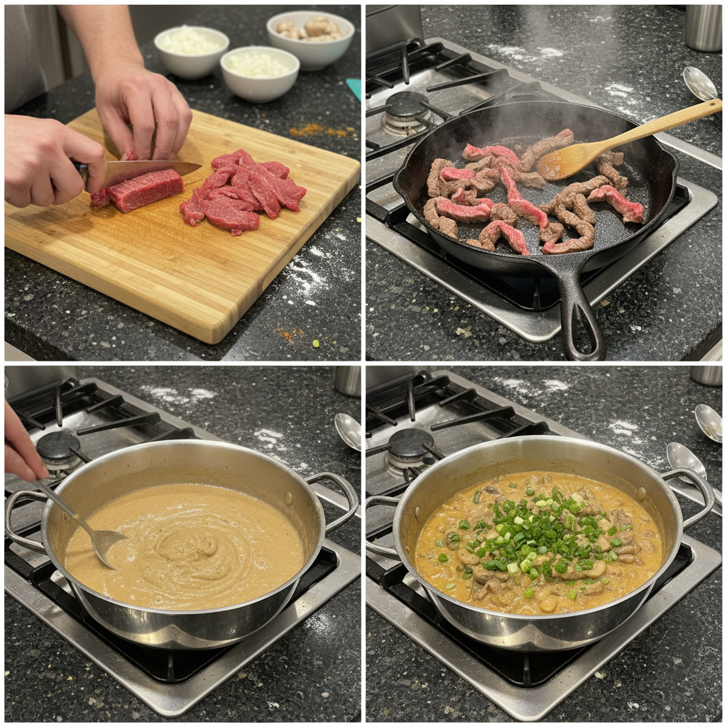 beef-stroganoff-browning-beef-prep A chef browning strips of beef in a hot skillet, an important step in preparing classic Beef Stroganoff.