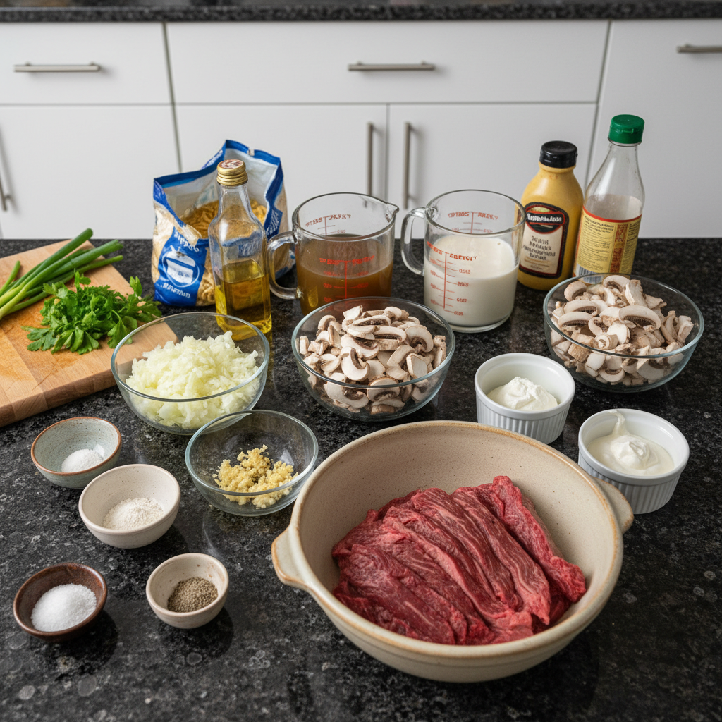 beef-stroganoff-ingredients Fresh ingredients for Beef Stroganoff laid out, including beef strips, mushrooms, sour cream, onions, and egg noodles.