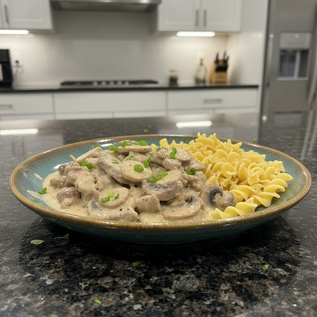 A creamy bowl of homemade Beef Stroganoff with tender beef, mushrooms, and noodles, garnished with fresh parsley.
