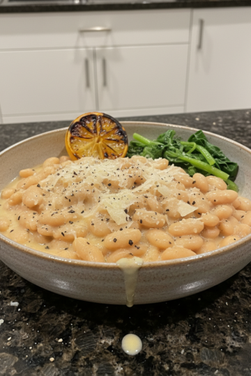 A close-up of creamy Cacio e Pepe White Beans served in a rustic bowl, garnished with fresh black pepper and grated Pecorino Romano.