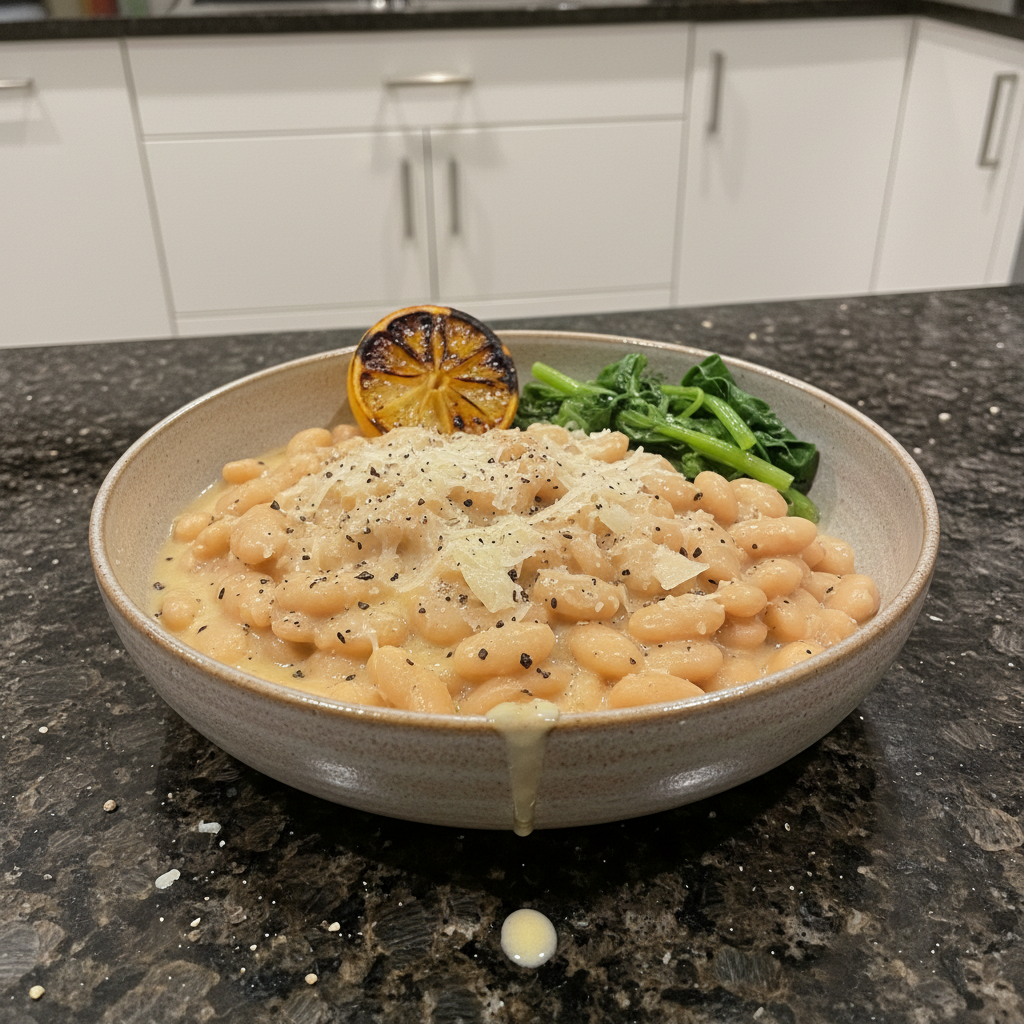 A close-up of creamy Cacio e Pepe White Beans served in a rustic bowl, garnished with fresh black pepper and grated Pecorino Romano.